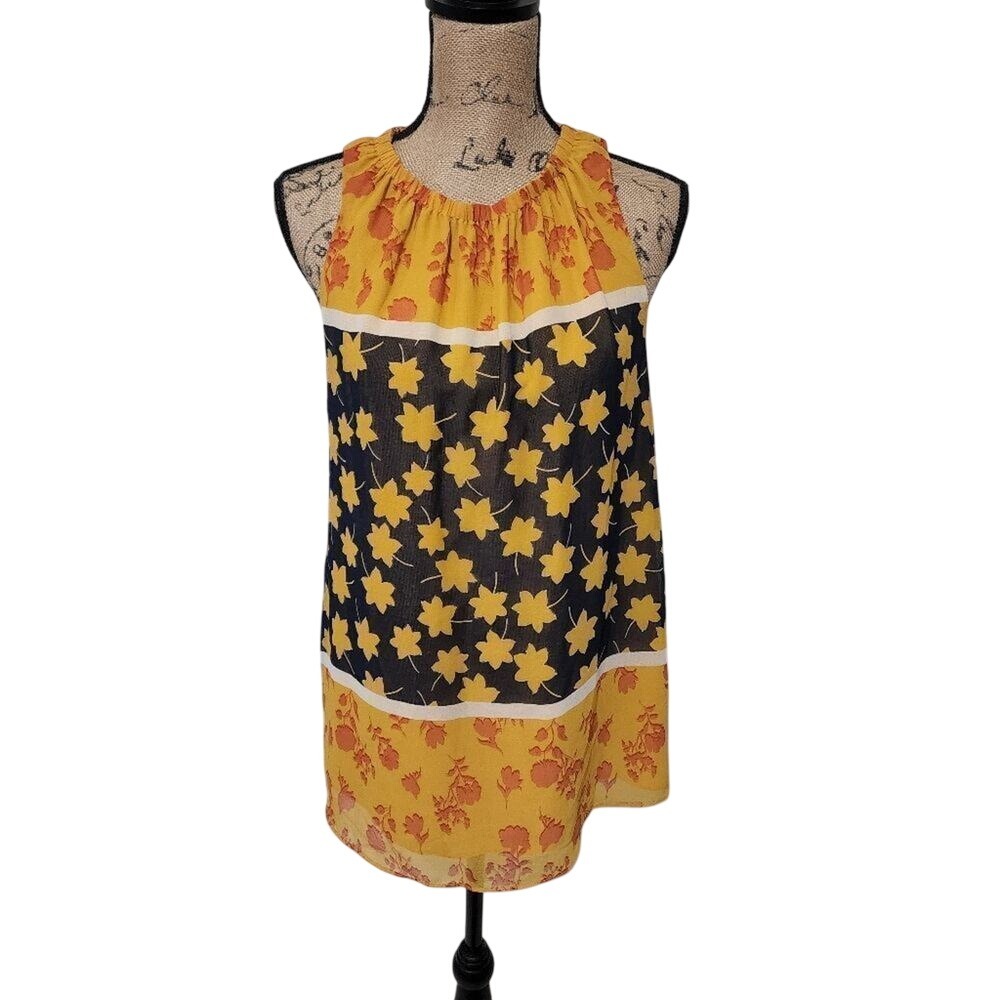 Gibson Latimer Yellow Floral Leaf Colorblock Sleeveless‎ Blouse Medium RN 58909